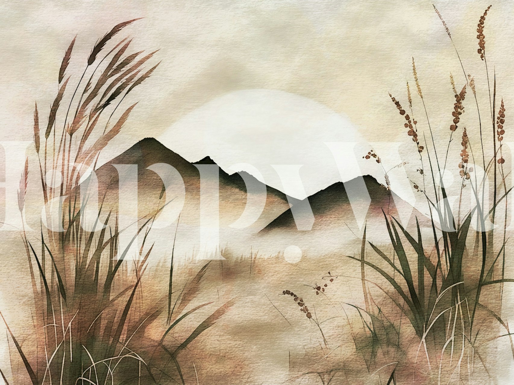 Watercolor grasslands and mountains with soft beige colors wallpaper