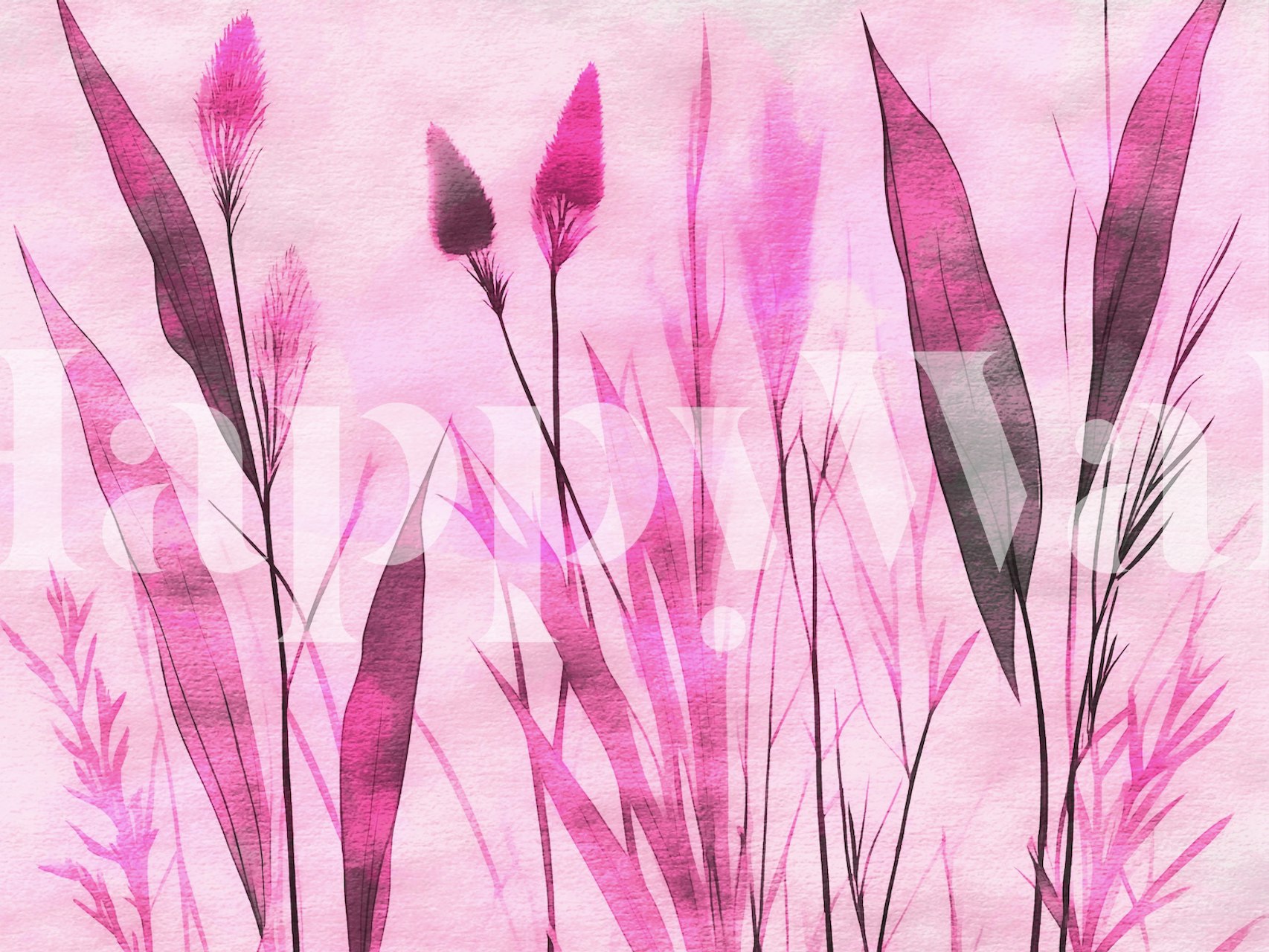 Pink Wild Floral Watercolor tapet i et rom