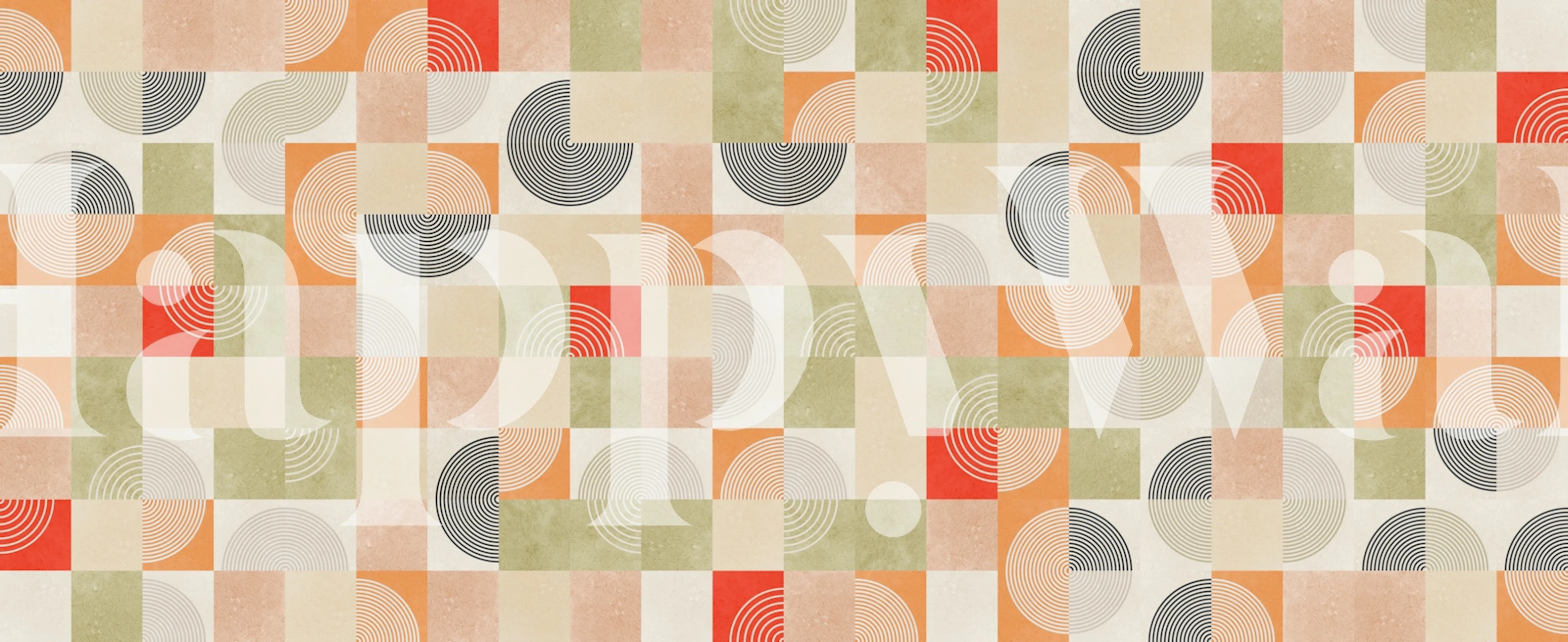 Colorful circles and squares in red, green, beige, and black geometric wallpaper.