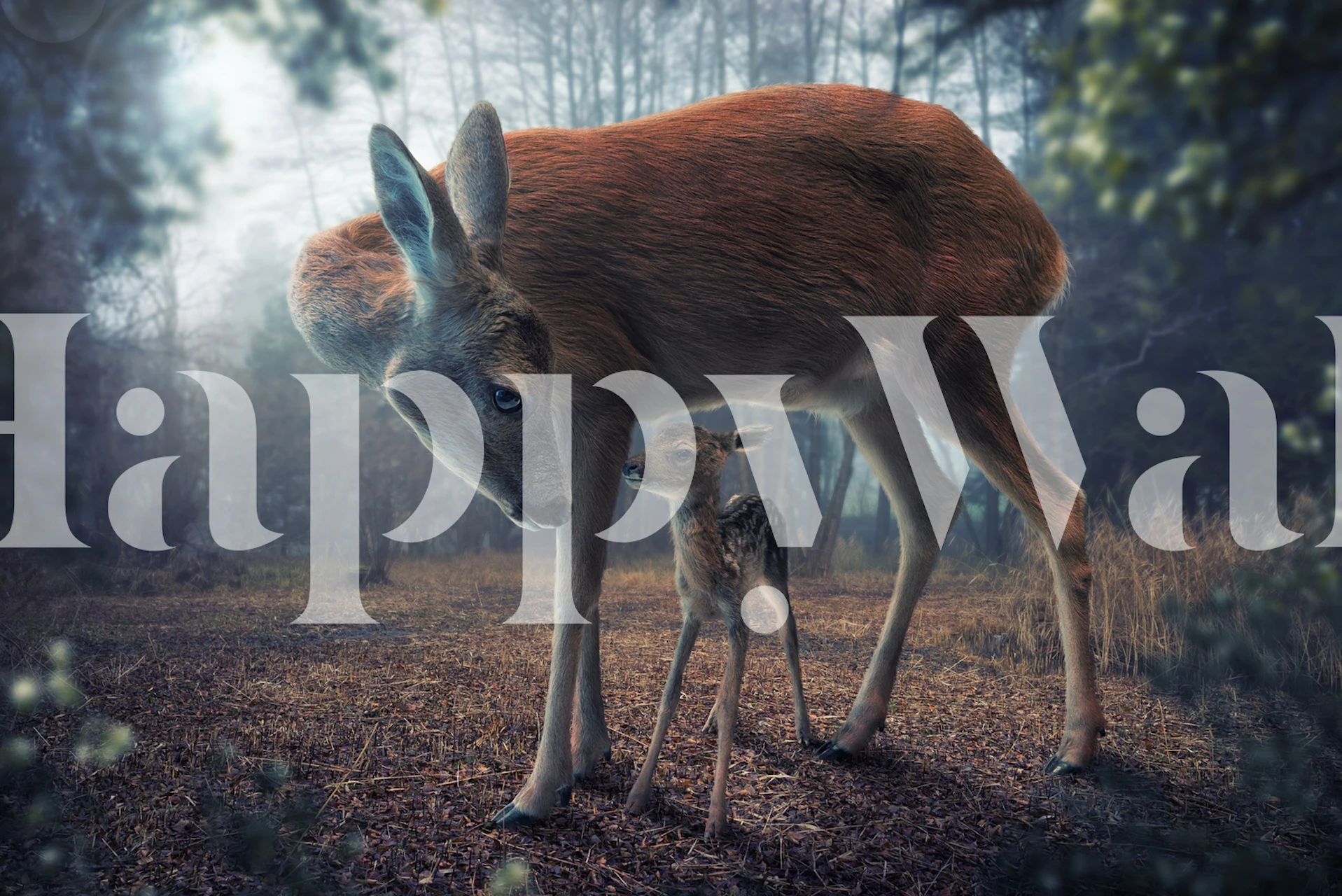 Mother and fawn wallpaper in a room