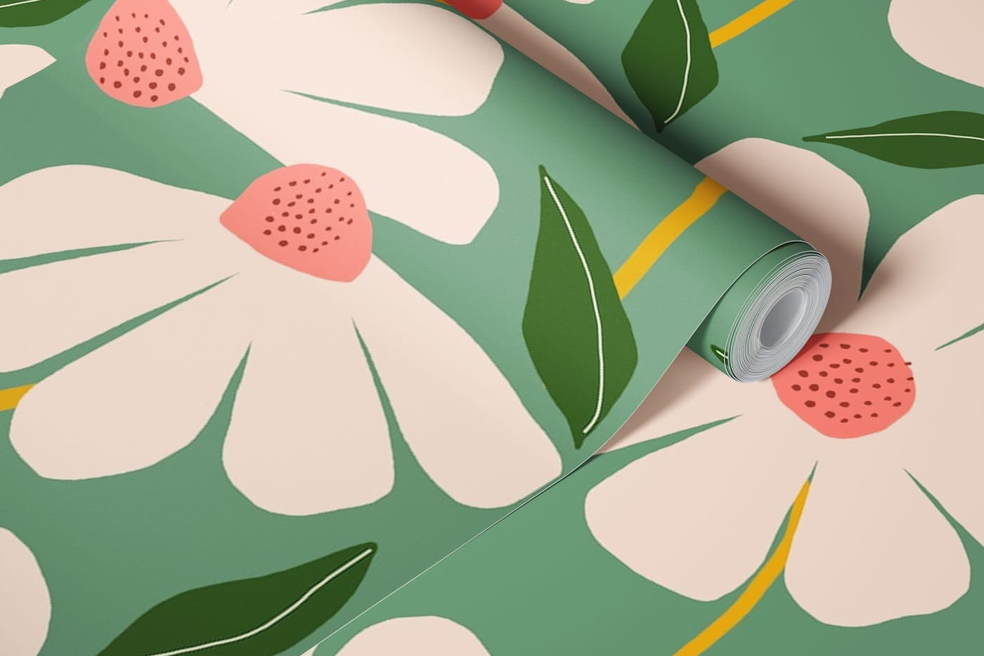 Wild Daisies pattern - green wallpaper roll