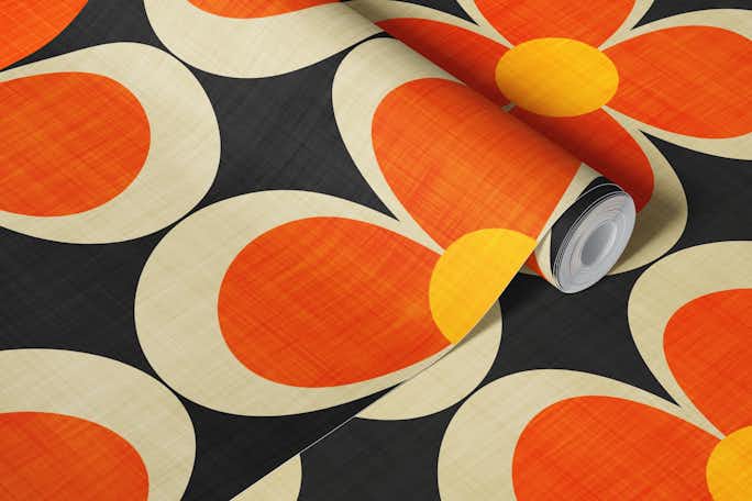Groovy Geometric Floral Orange on Brownwallpaper roll