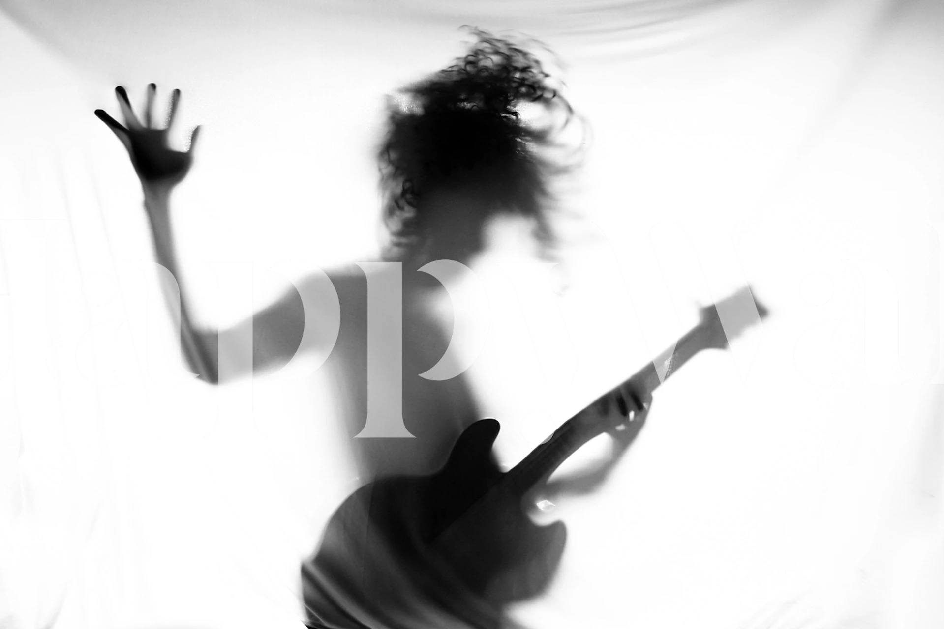 Silhouette of a person playing guitar in a dynamic pose in black and white.