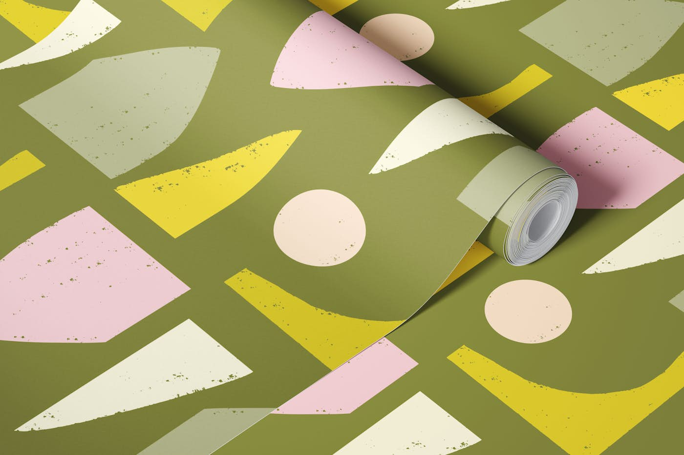 Mod Lime Abstract Olive- Mid Century Shapes wallpaper roll