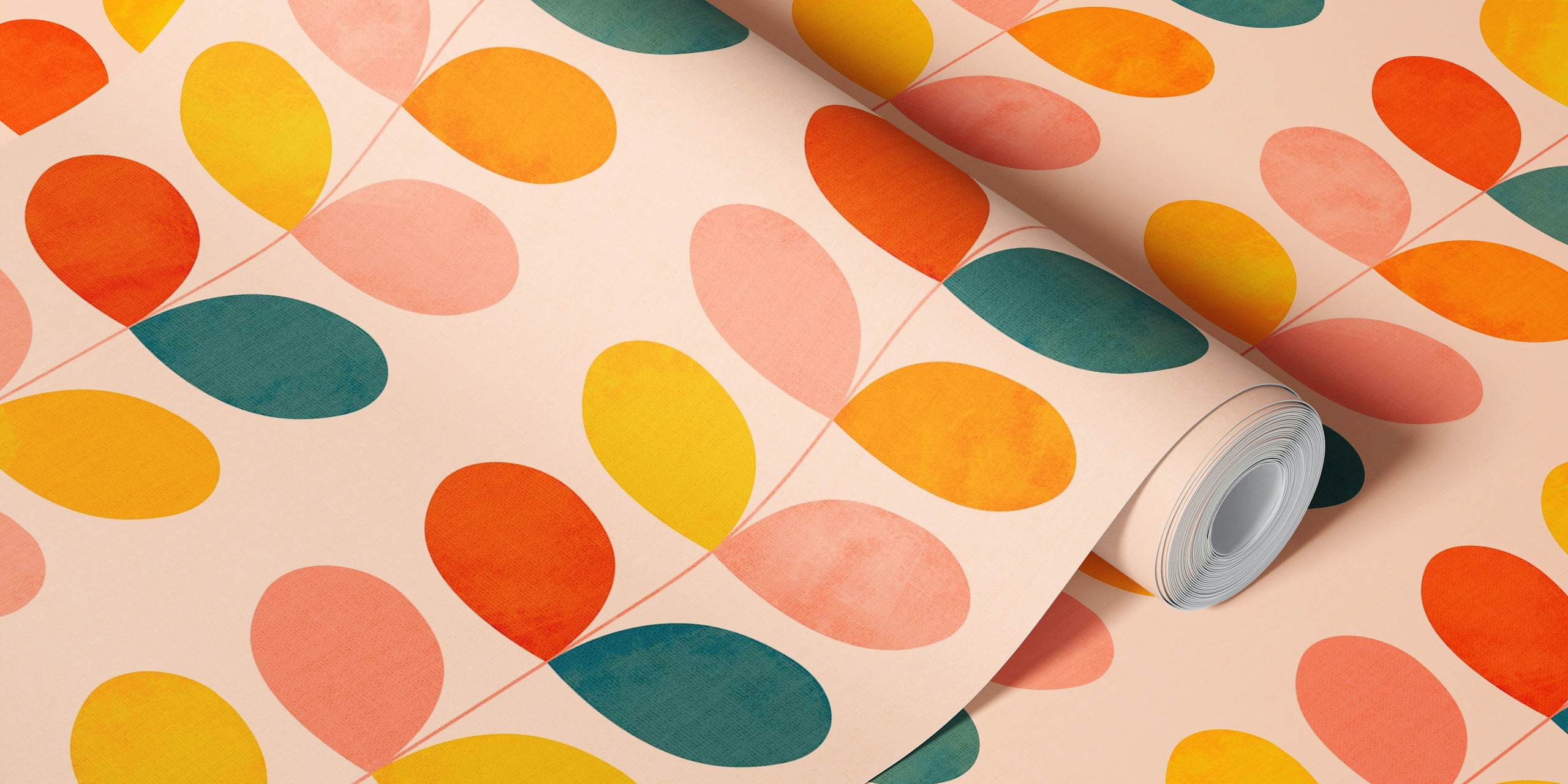 Colorful mid century leaves pattern in blush, orange, yellow, and teal wallpaper