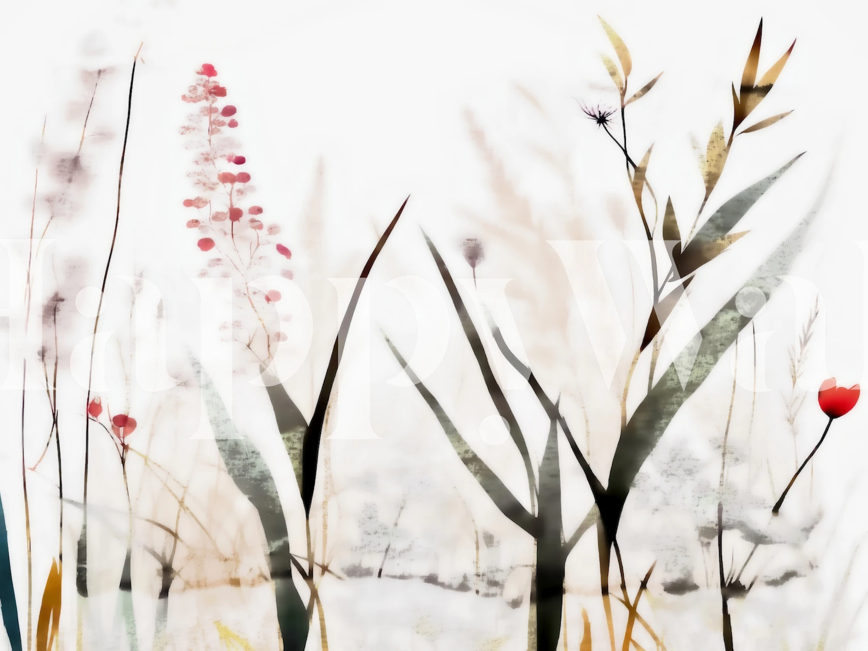 Elegante markblomst- og gresssilhuetter på en myk hvit bakgrunn, som viser høstfarger.