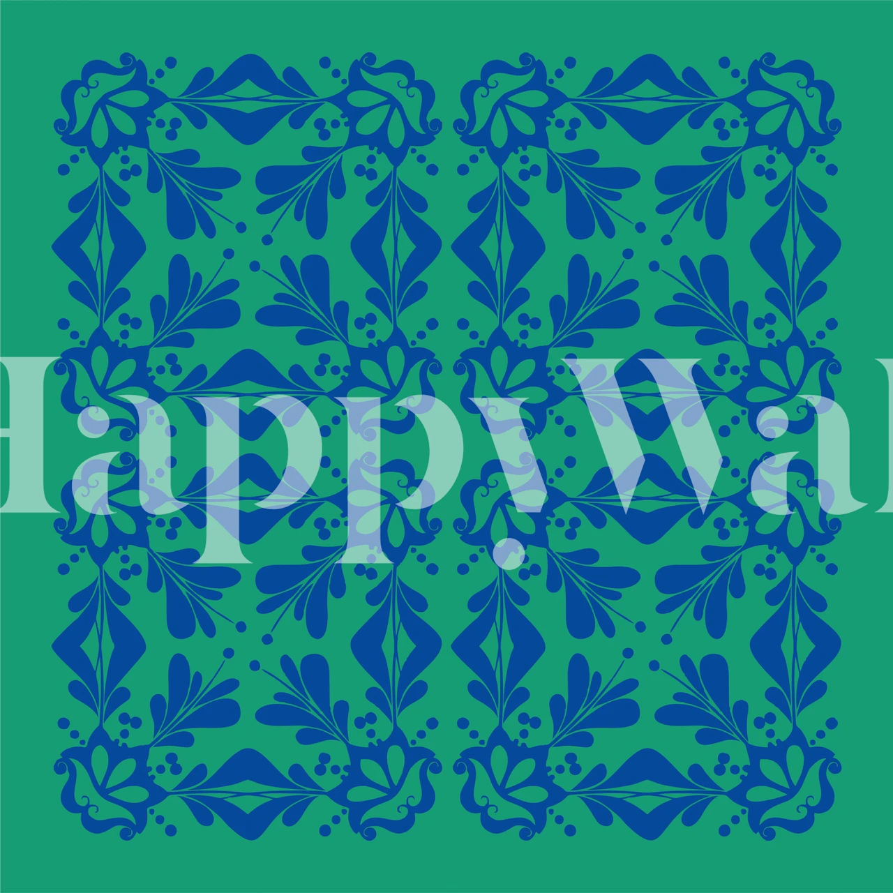 Indigo floral pattern on green background wallpaper