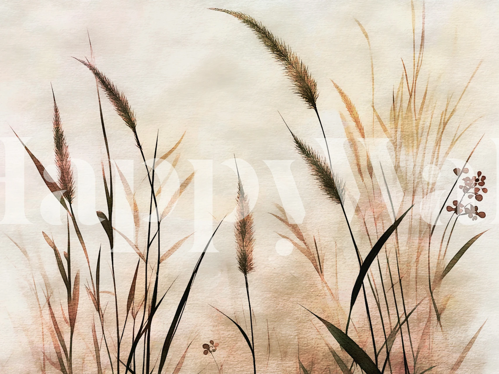 Aquarell Gräser in sanften Beige- und Brauntönen auf Tapete