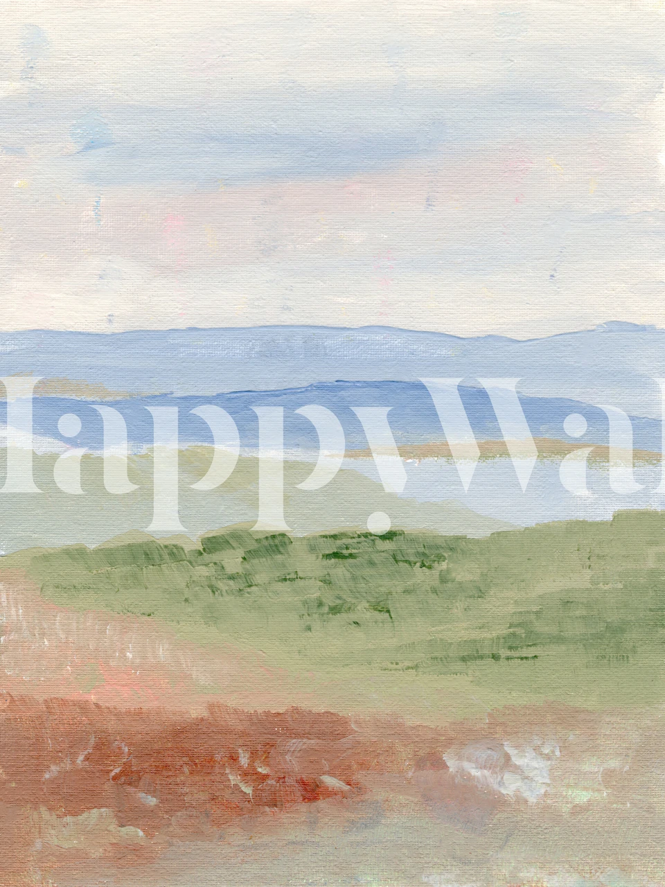 Watercolor landscape wall mural depicting a serene scene after rainfall with gentle greenery and distant hills