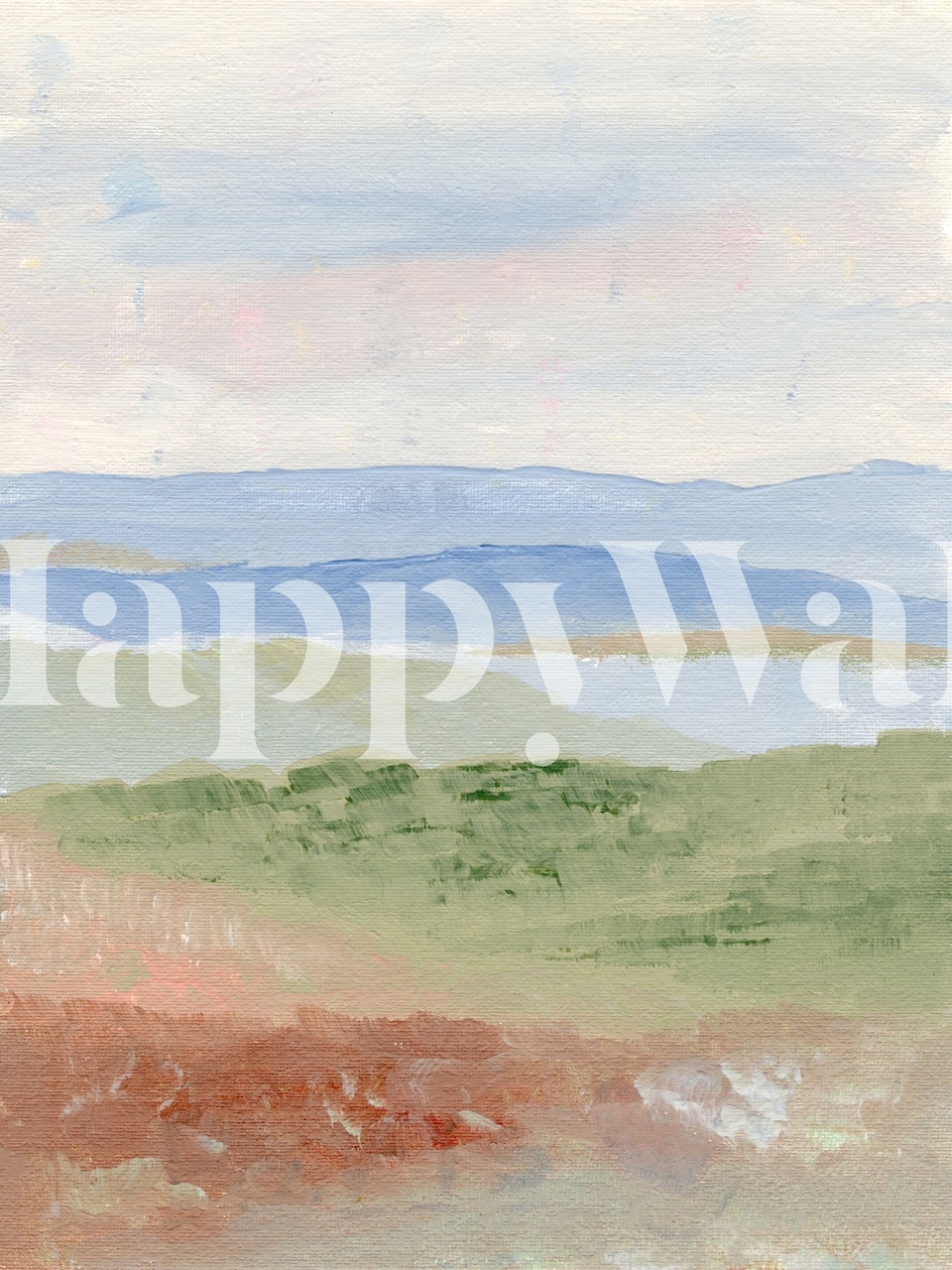 Aquarell-Landschaftswandbild, das eine ruhige Szene nach Regenfällen mit sanftem Grün und fernen Hügeln zeigt