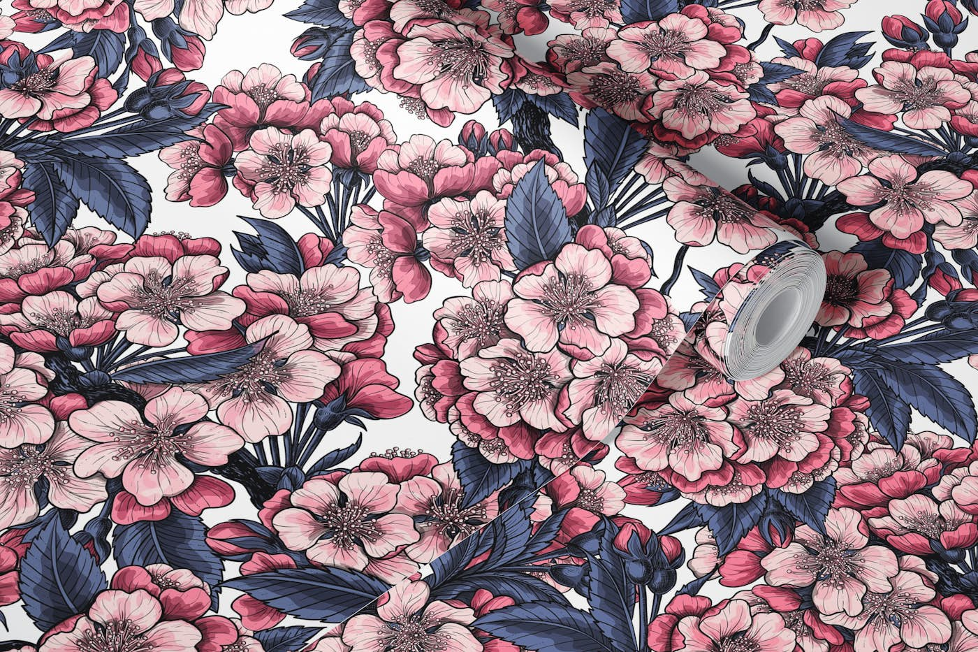 Cherry blossom on white wallpaper roll