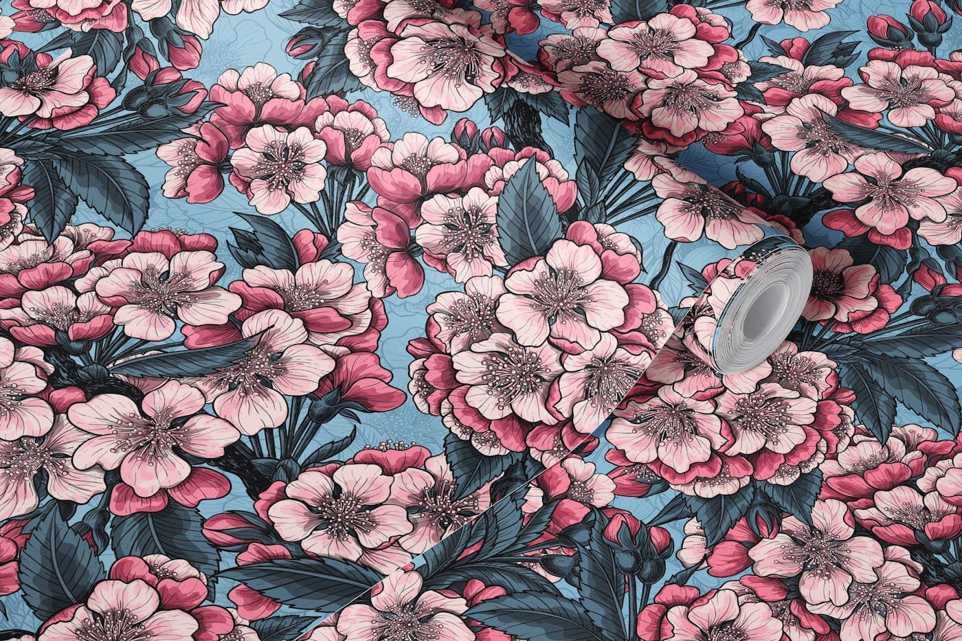 Cherry blossom in pink and blue wallpaper roll