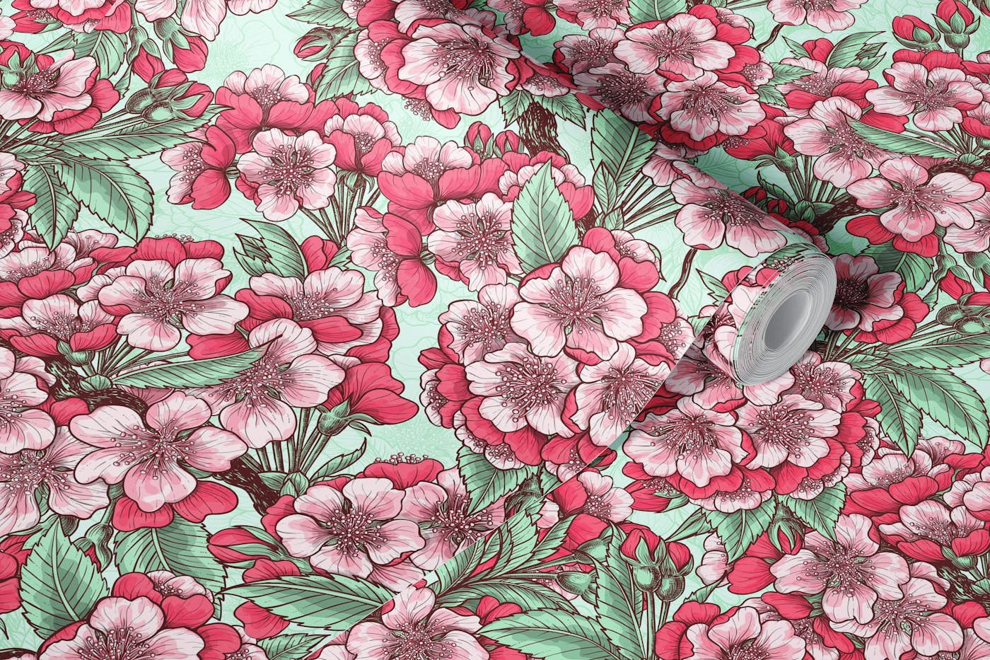 Cherry blossom in mint and pink wallpaper roll