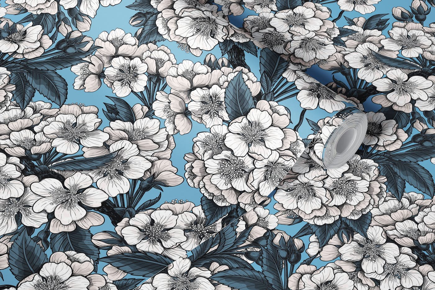 Cherry blossom in blue and white wallpaper roll