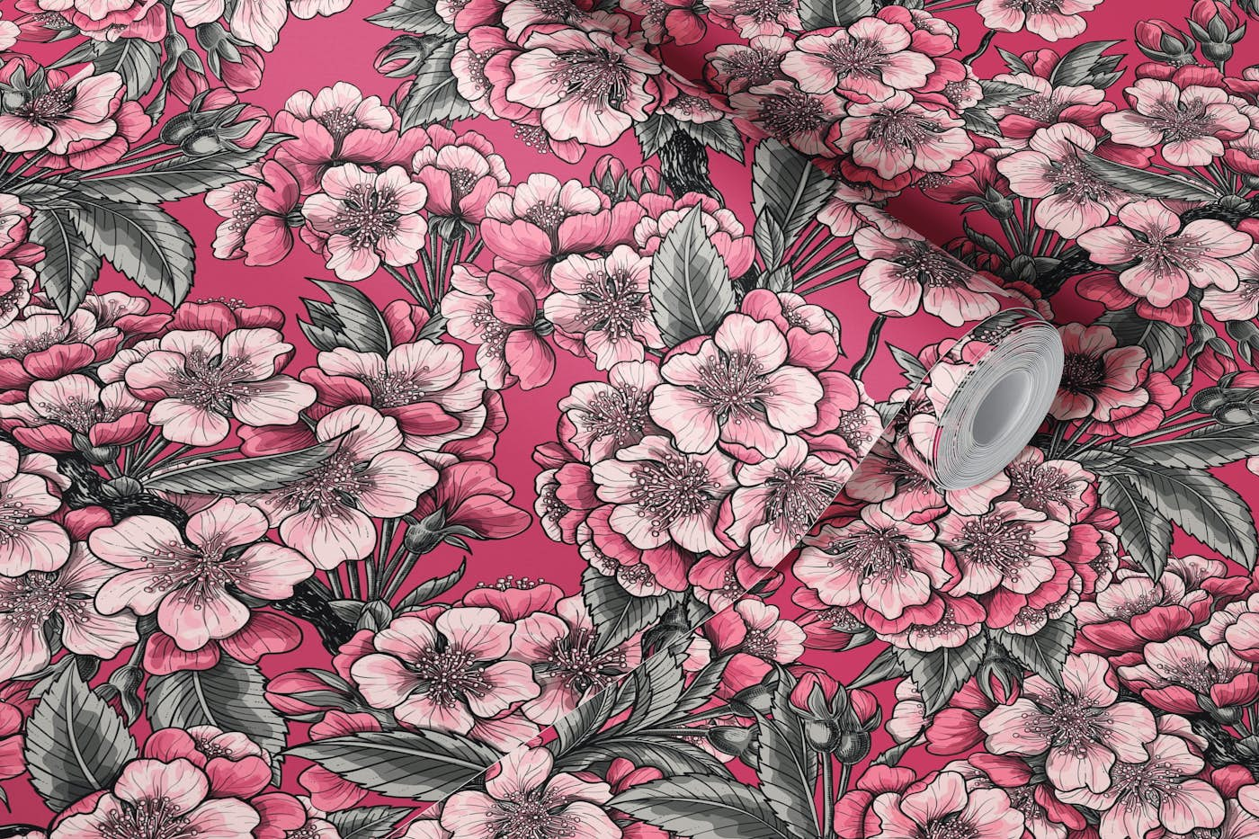 Cherry blossom in pink and grey wallpaper roll