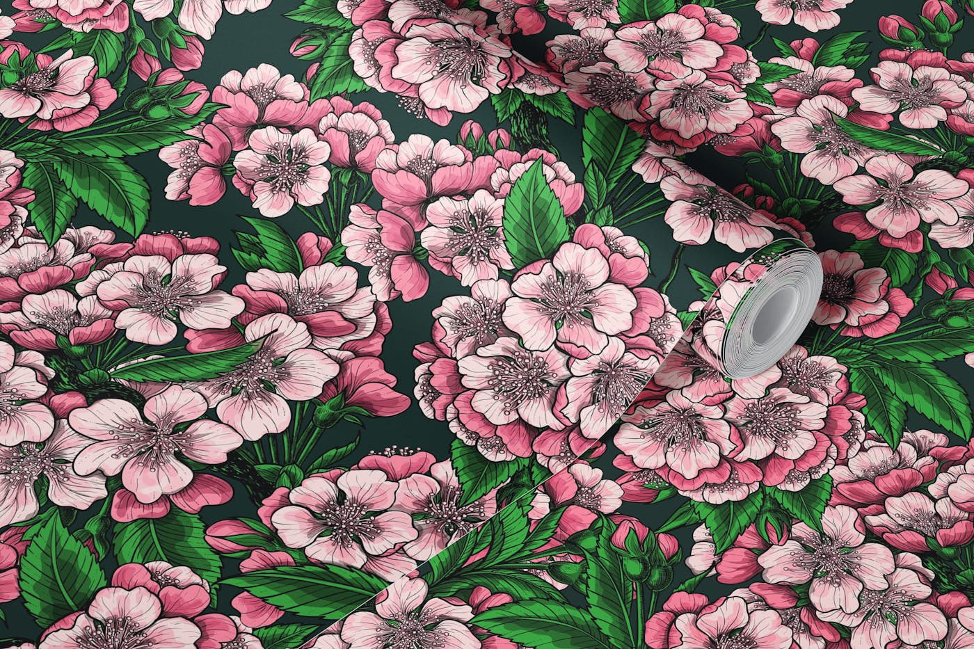 Cherry blossom on green wallpaper roll