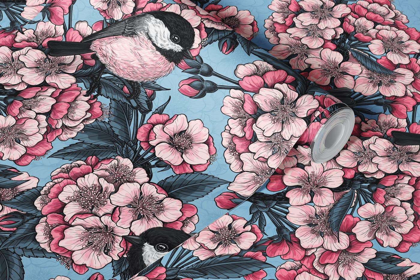 Cherry blossom and birds in pink and blue wallpaper roll