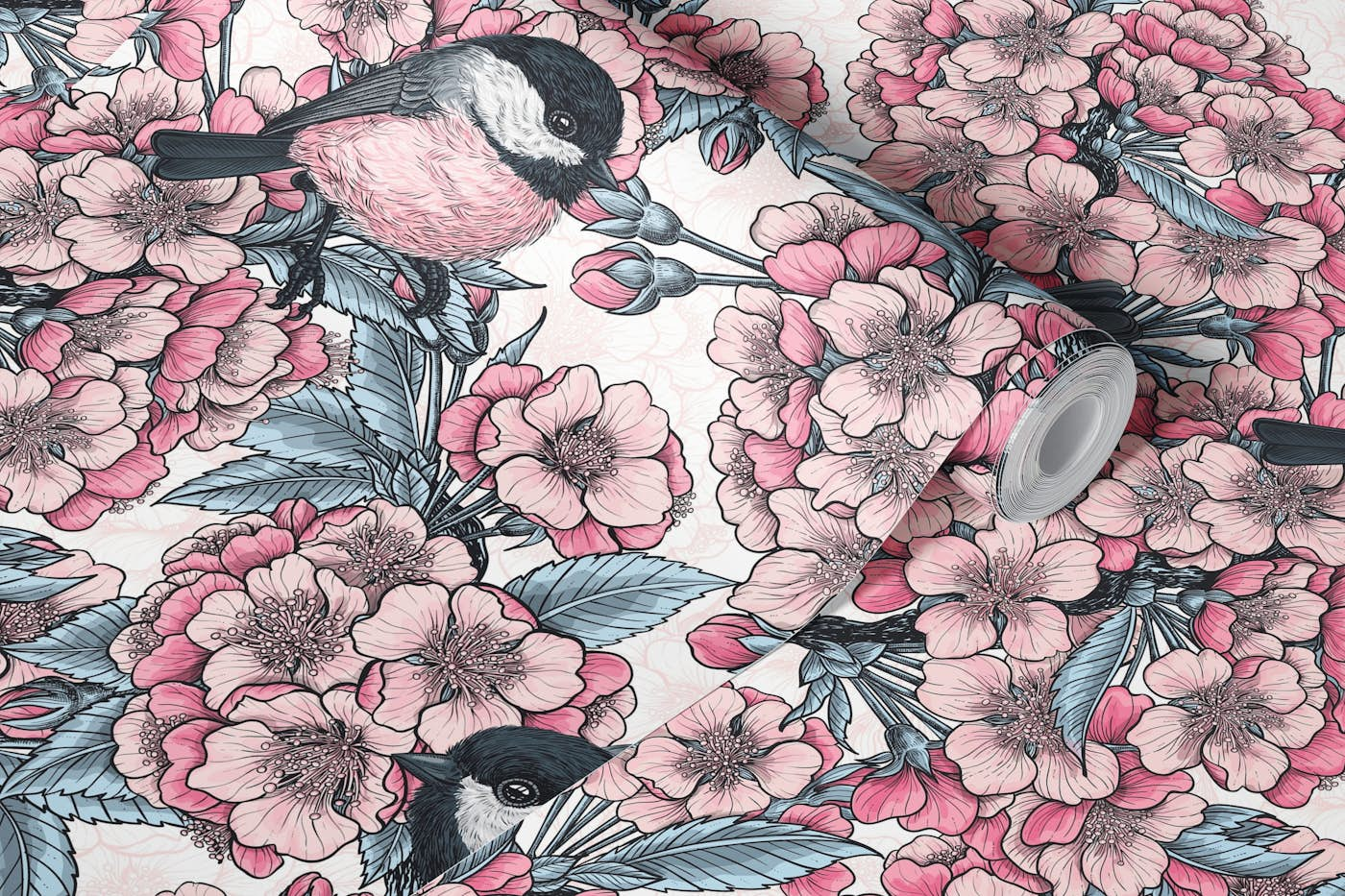 Cherry blossom and birds on white wallpaper roll