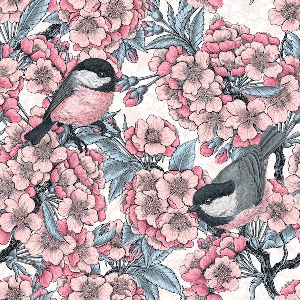 Cherry blossom and birds pale blue and pink