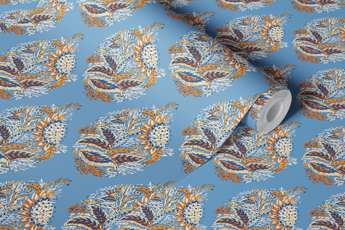 Blue indian paisley wallpaper roll