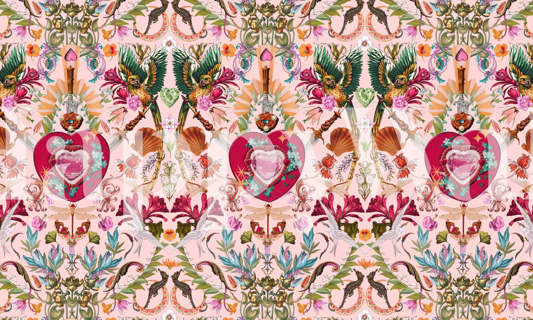 Vibrant floral and heart pattern in pinks and greens wallpaper