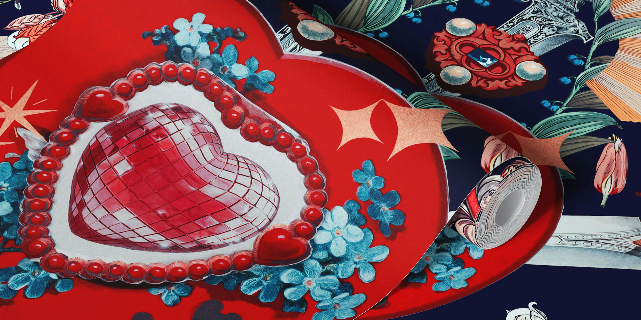 Floral heart pattern in vibrant colors on navy background wallpaper