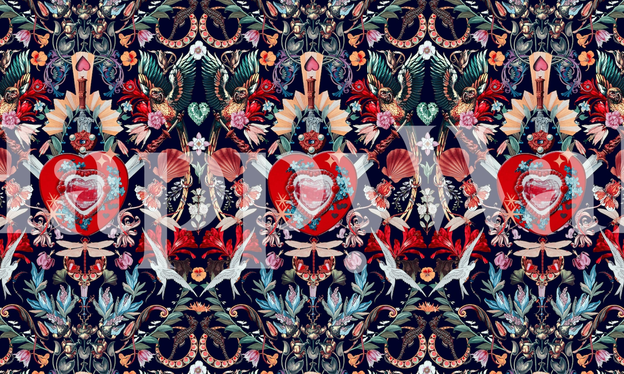 Floral heart pattern in vibrant colors on navy background wallpaper