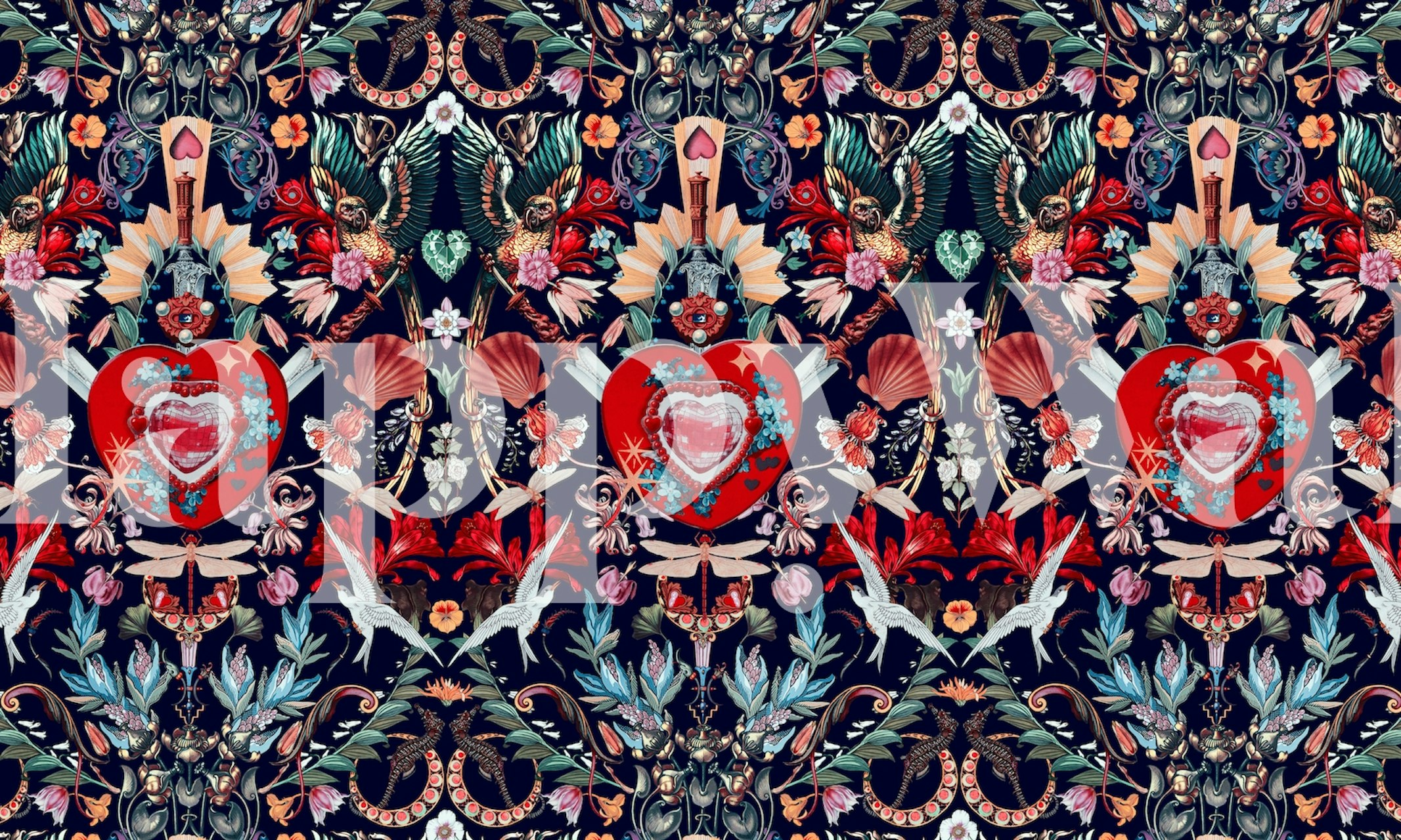 Floral heart pattern in vibrant colors on navy background wallpaper