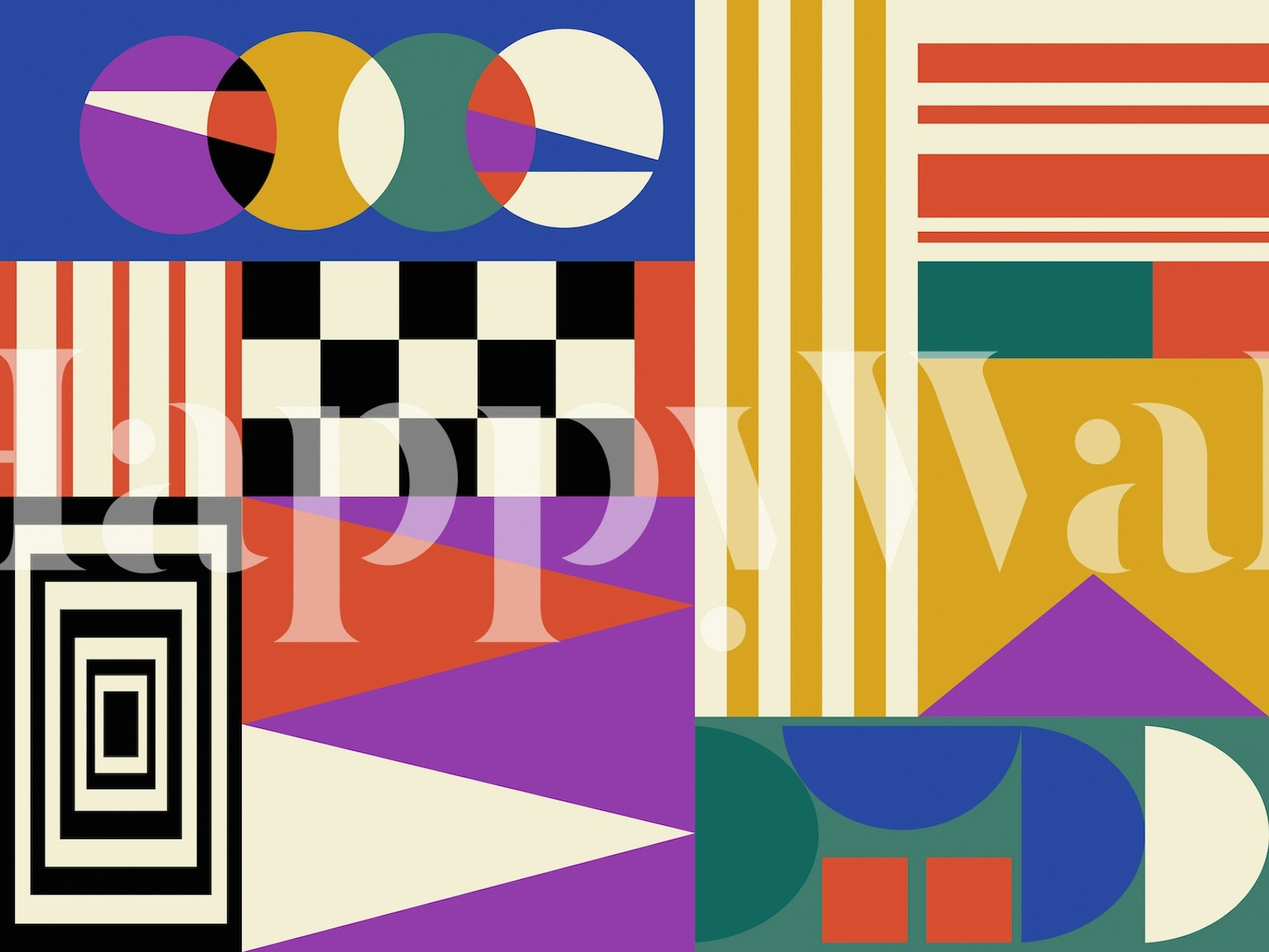 Colorful geometric wall mural with varied shapes and patterns