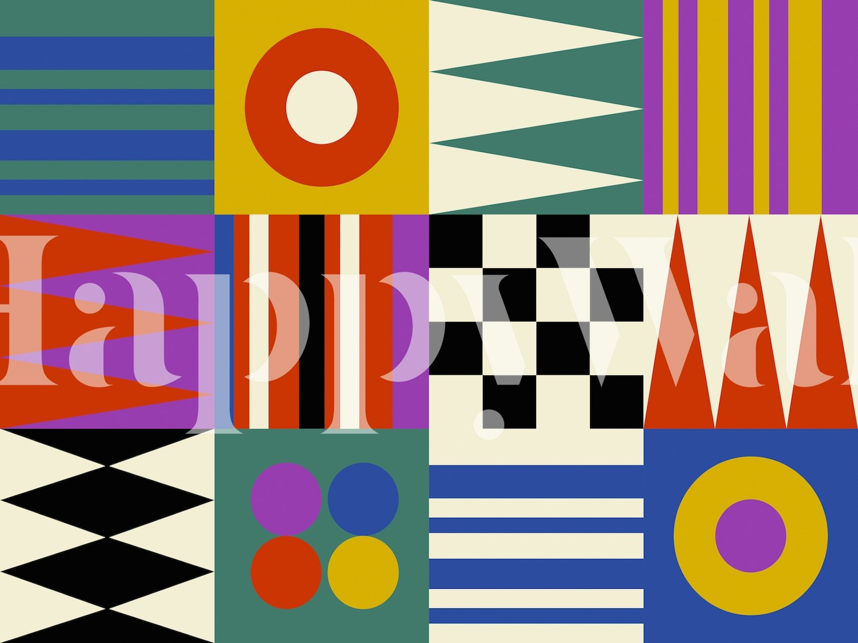 Colorful geometric patterns in red, yellow, blue, and black wallpaper