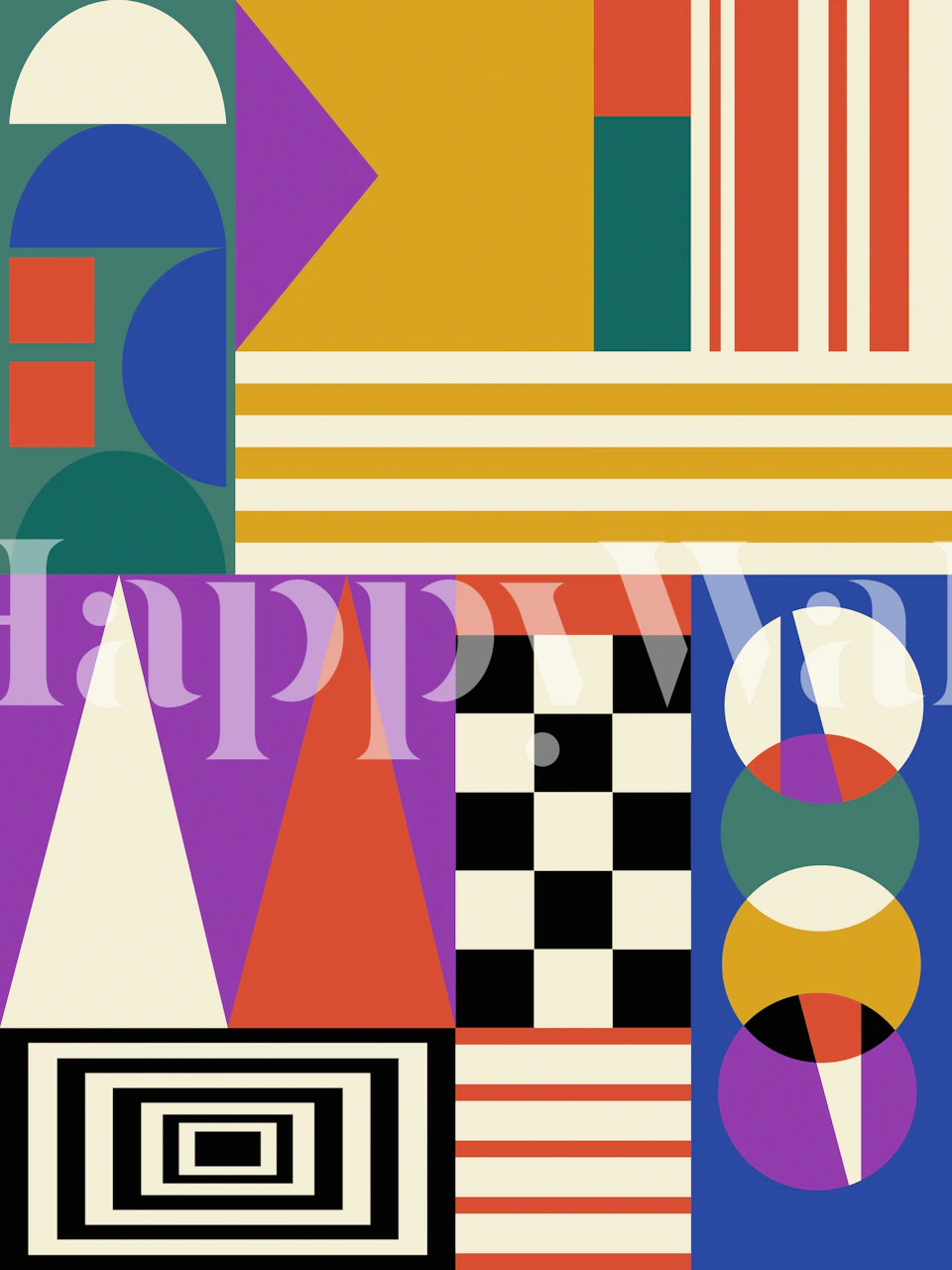 Carta da parati con forme geometriche astratte con blocchi e motivi di colore brillante