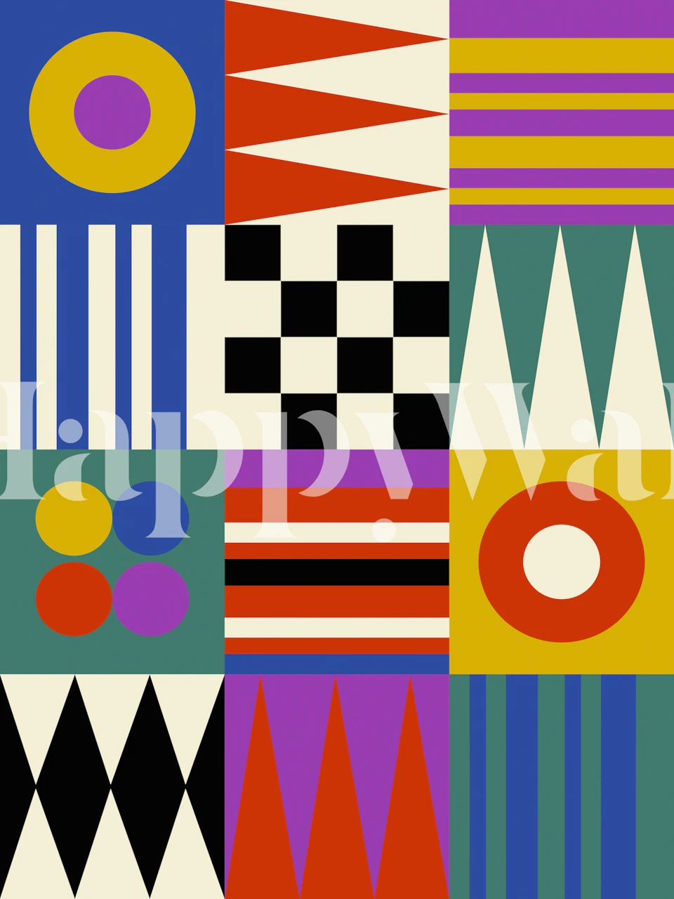 Géométrique coloré motifs ronds, lignes et losanges papier peint