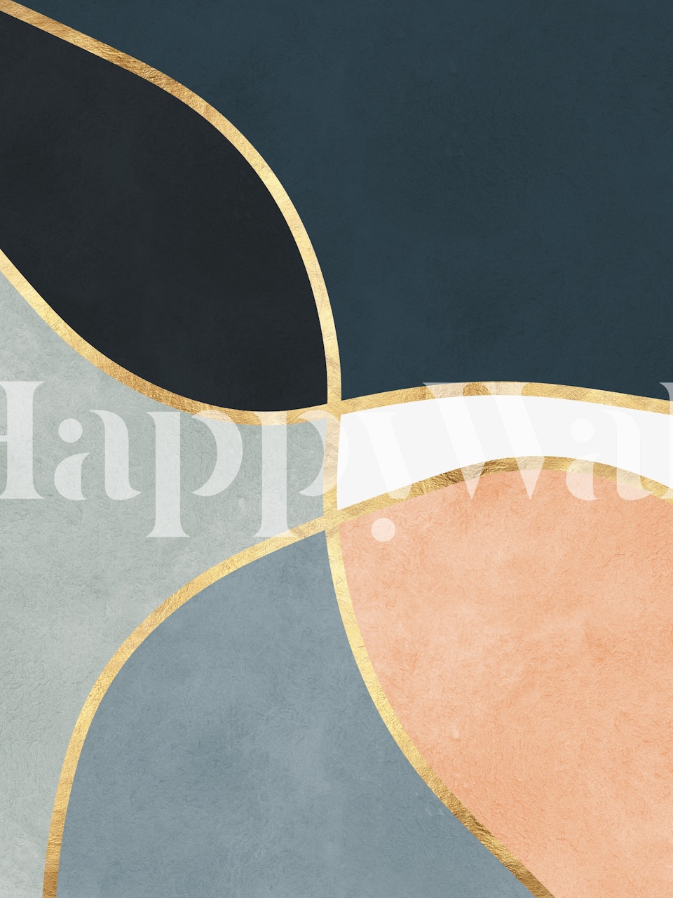 Abstraktní nástěnná malba s překrývajícími se kruhy v uhlových, modrých, korálových a krémových odstínech se zlatými akcenty