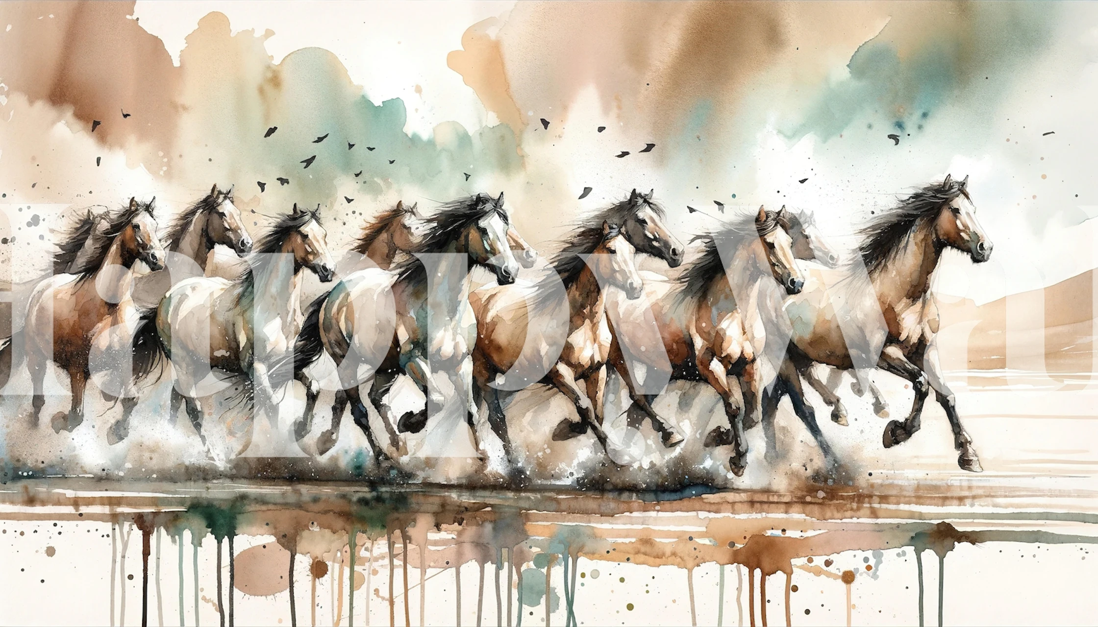 A wall mural depicting horses galloping in a watercolor style, showcasing hues of brown and splashes of color.