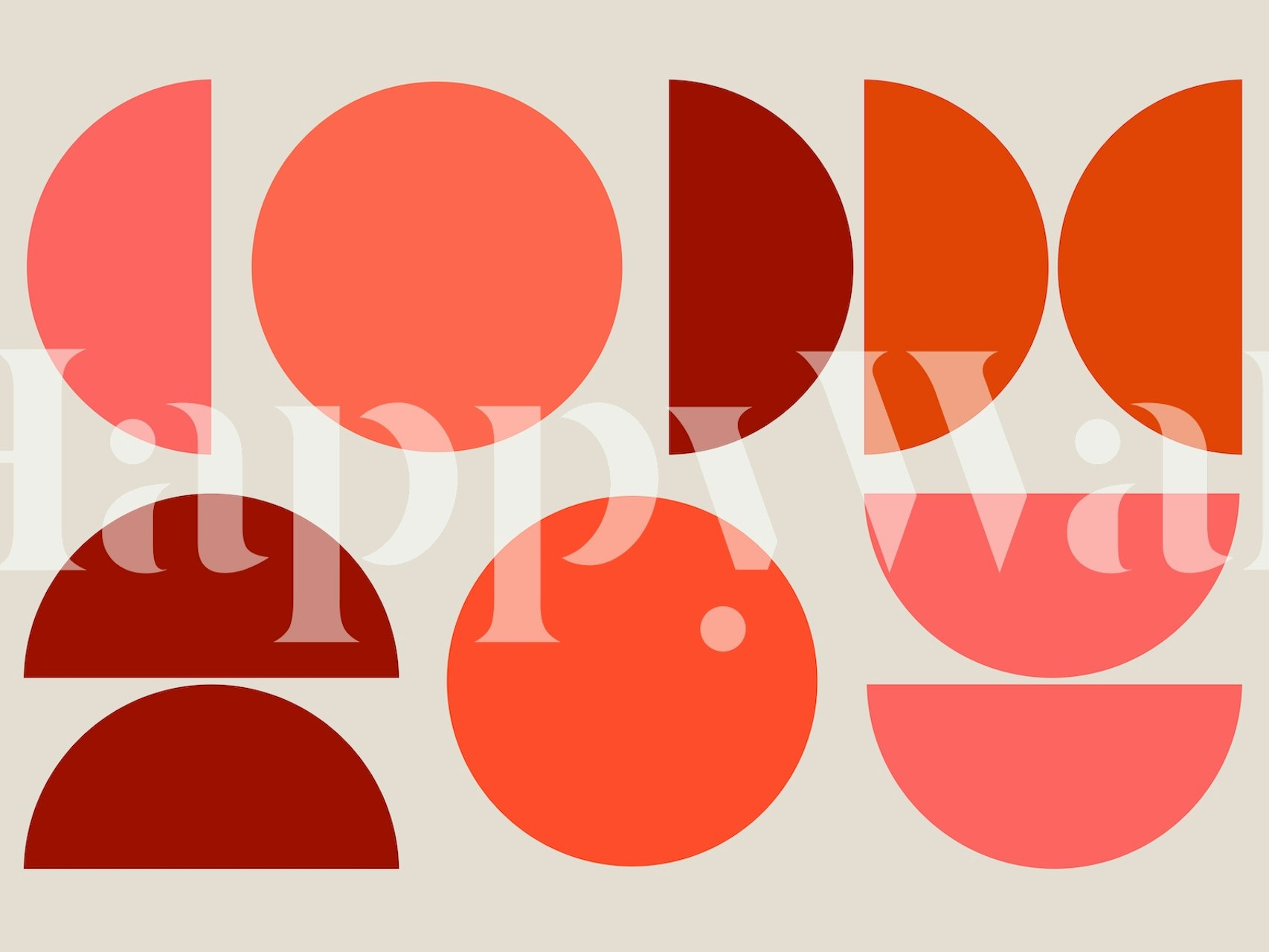 Colorful geometric shapes in red, pink, and coral on beige wallpaper