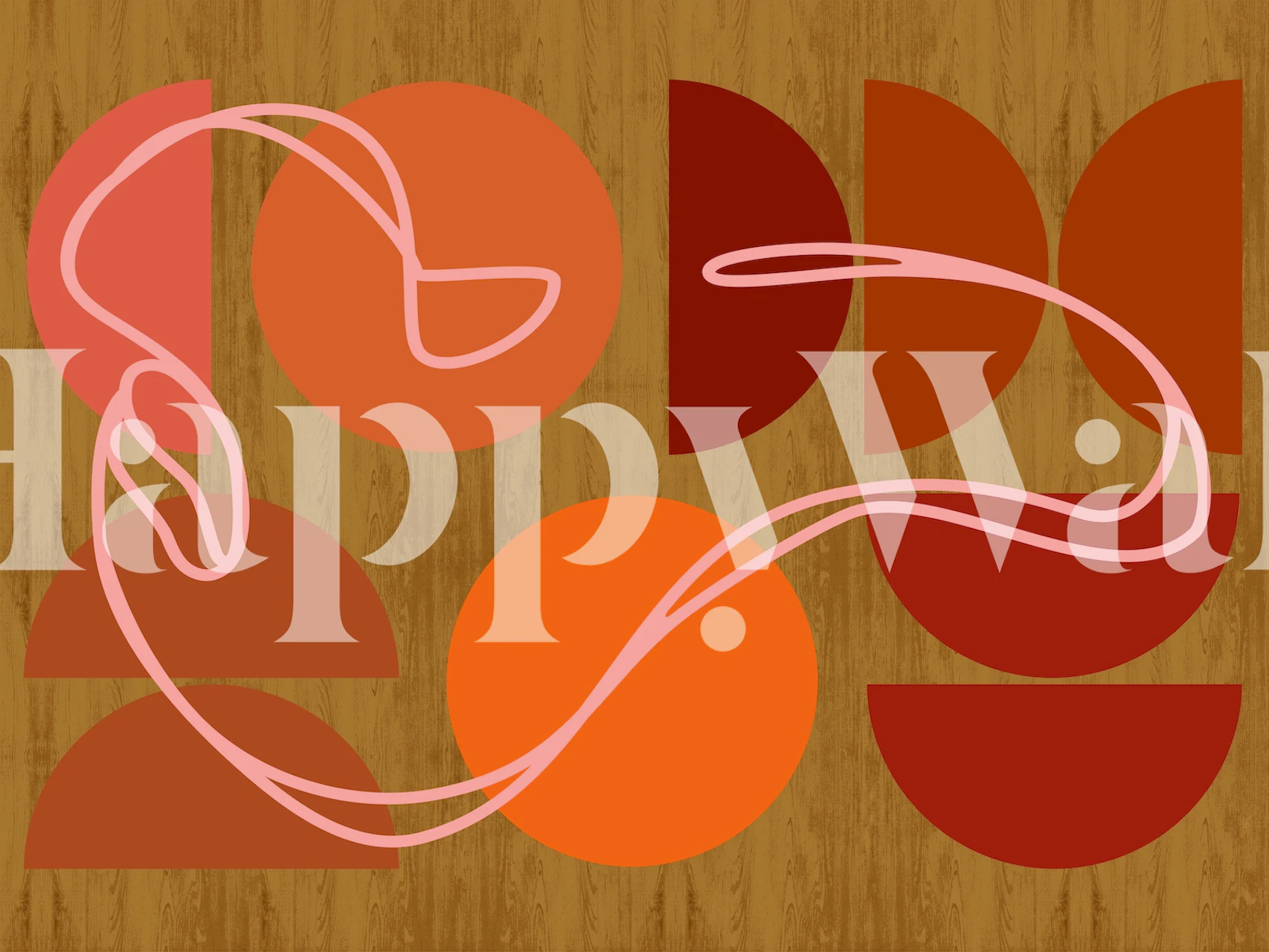 Mid Century Modern Abstract Wallpaper with pink, orange, and red shapes on a wooden background