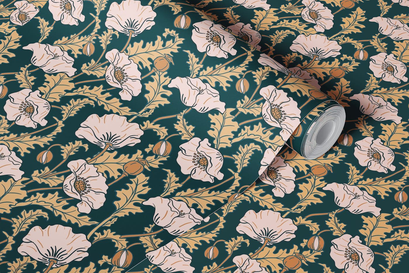 traditional art nouveau poppies dark green wallpaper roll