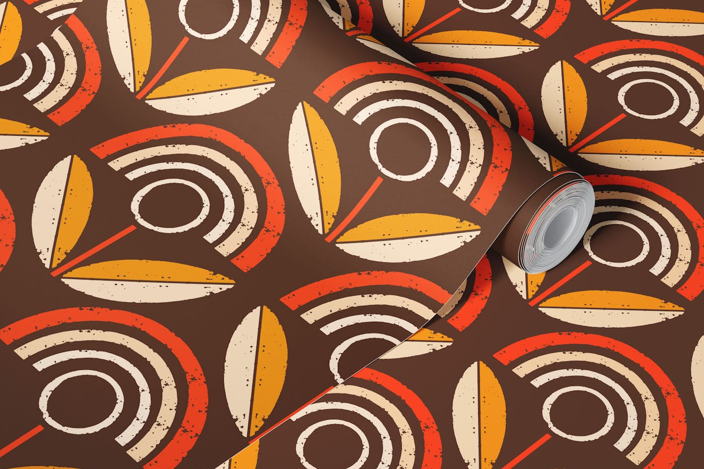 Brown Mod Sunflower- Mid Century Floral wallpaper roll