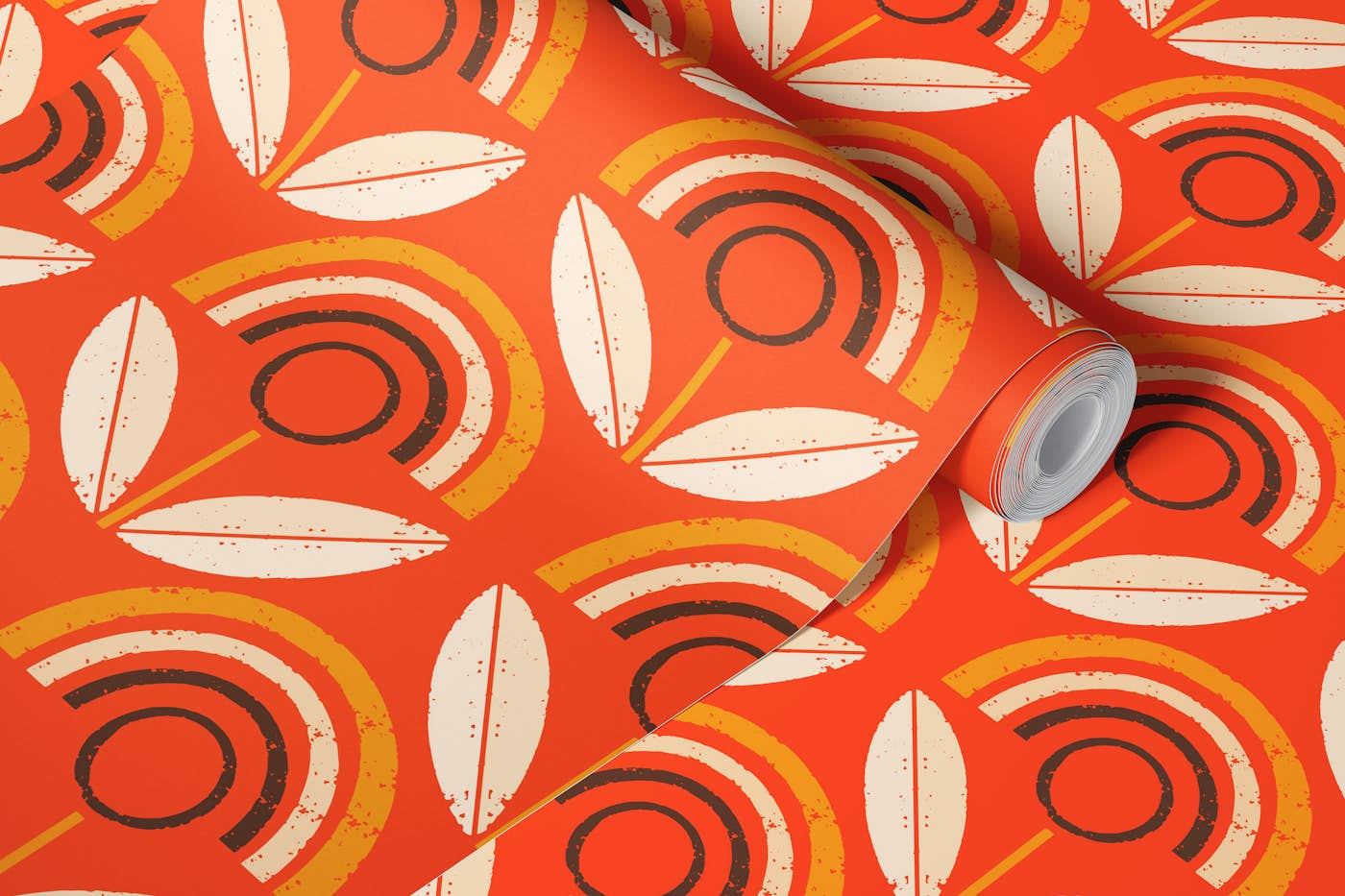 Orange -Red Mod Sunflower- Mid Century Floral wallpaper roll