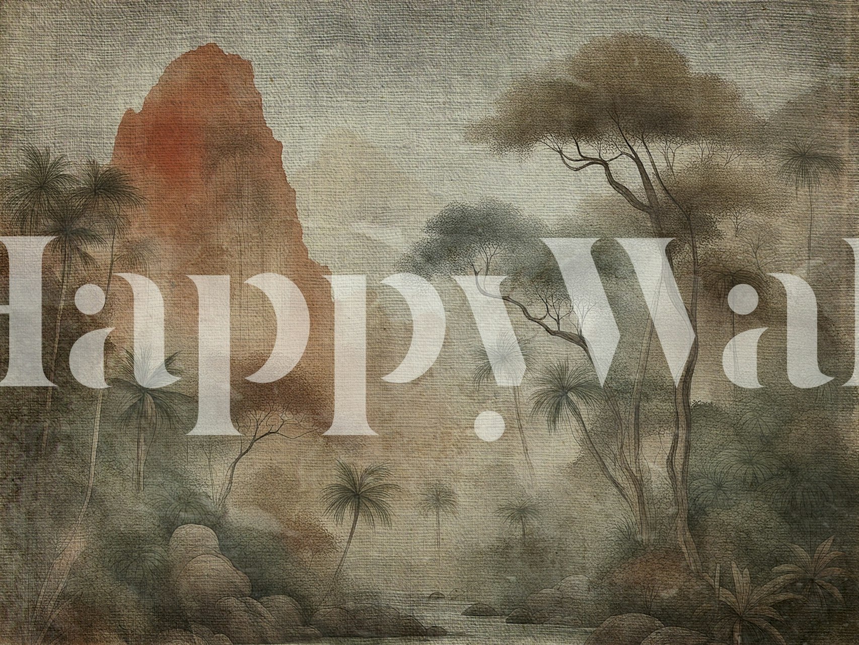 Vægmaleri i vintagestil, der viser en asiatisk junglescene med tårnhøje træer og diset stemning