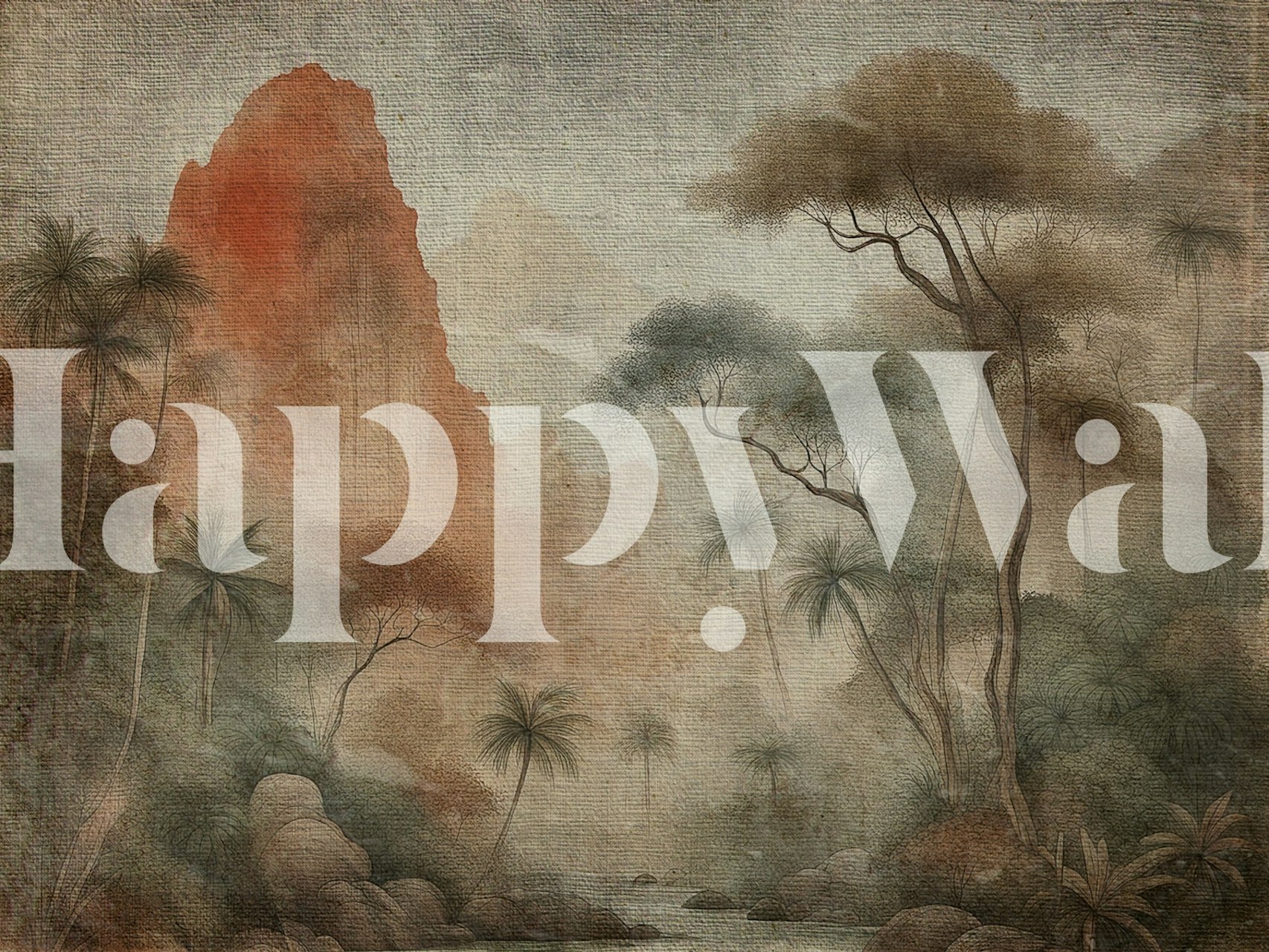 Vintage-style mural depicting an Asian jungle scene with towering trees and misty ambiance