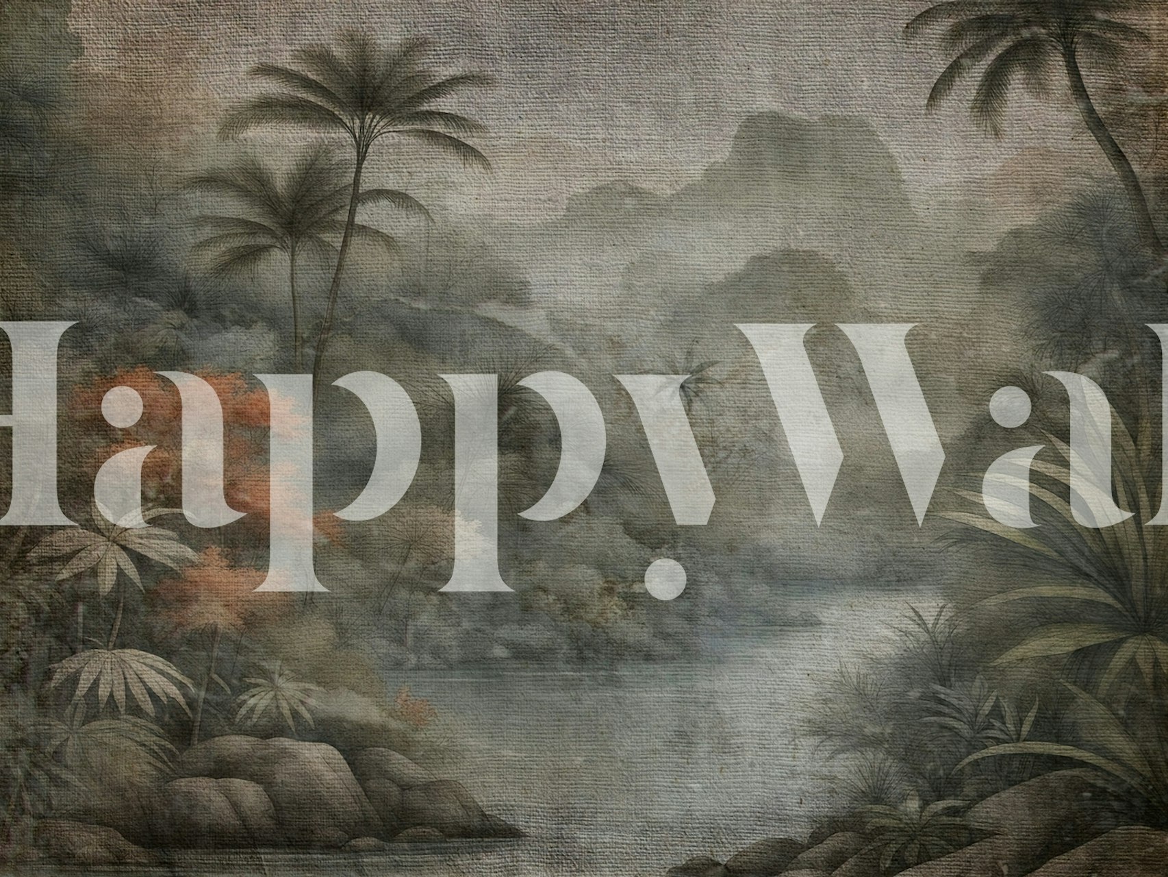 Tropical rainforest scene with greenery and misty mountains wallpaper