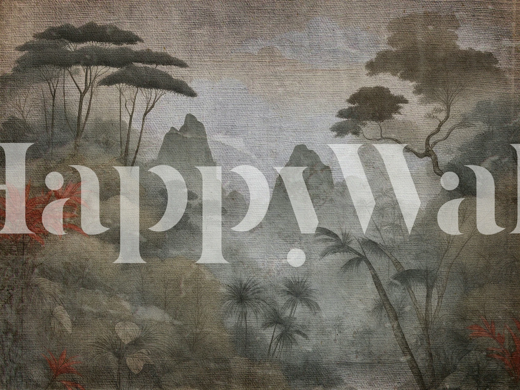 Asian forest landscape with grey tones and red foliage wallpaper