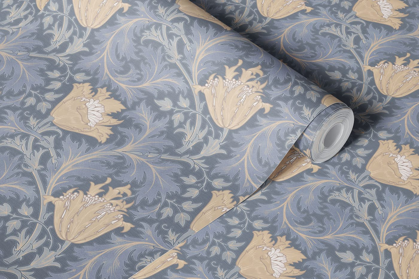 William Morris ANEMONE in slate blue beige wallpaper roll