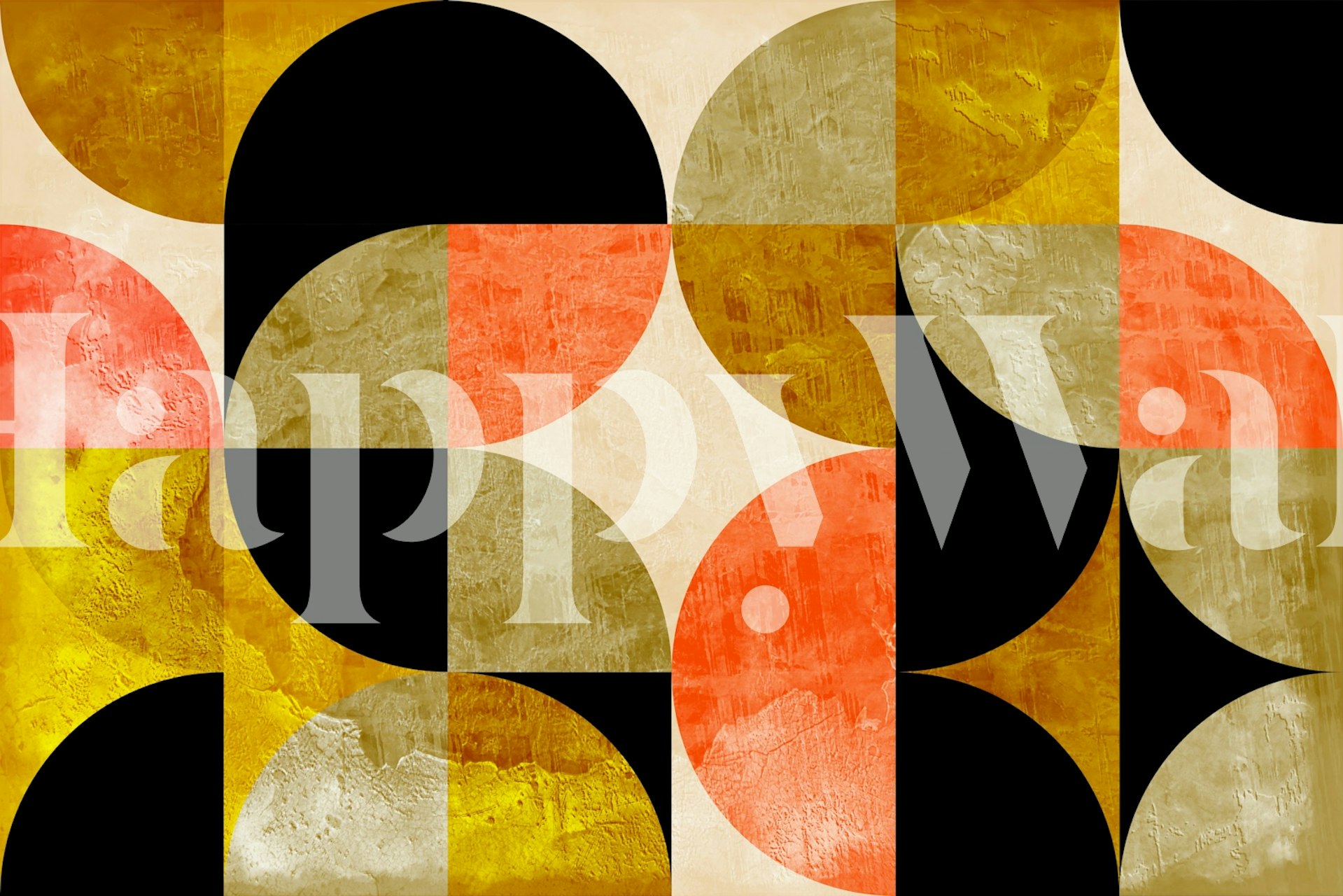 Vuosisadan puolivälin tyylinen seinämaalaus, jossa on betonirakennetta ja maanläheisiä geometrisia muotoja