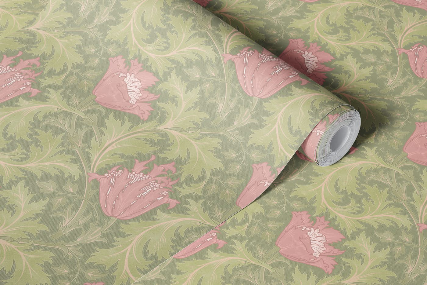 William Morris ANEMONE in sage green pink wallpaper roll