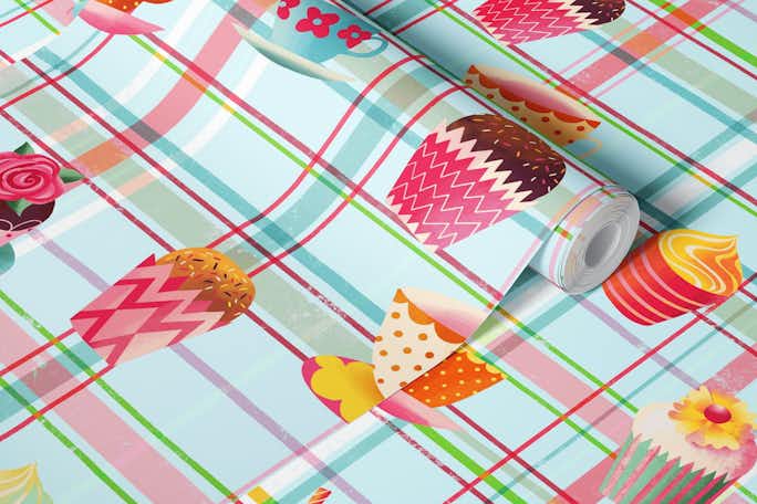 coffee time with sweets on plaidwallpaper roll