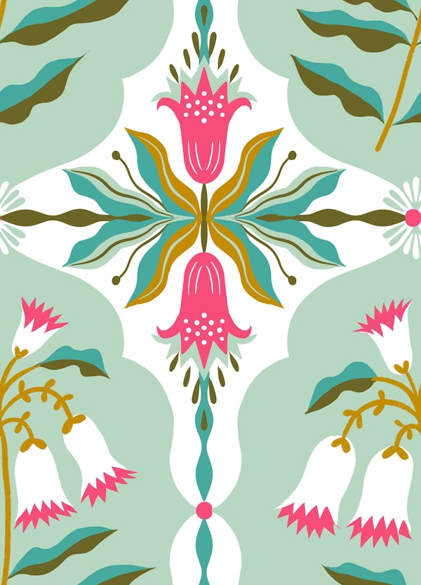 bell flower damask mint white