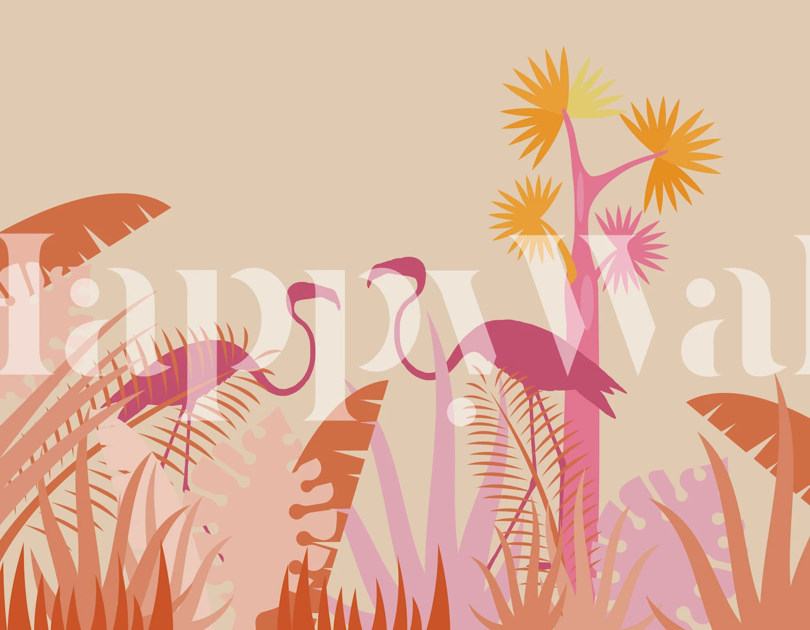Flamingo Jungle Summer Vibe veggmaleri med rosa flamingoer og tropisk flora på en varm bakgrunn