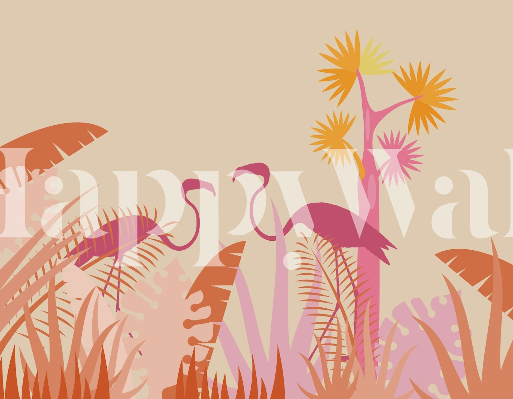 Flamingo Jungle Summer Vibe seinämaalaus, jossa vaaleanpunaisia flamingoja ja trooppista kasvistoa lämpimällä taustalla